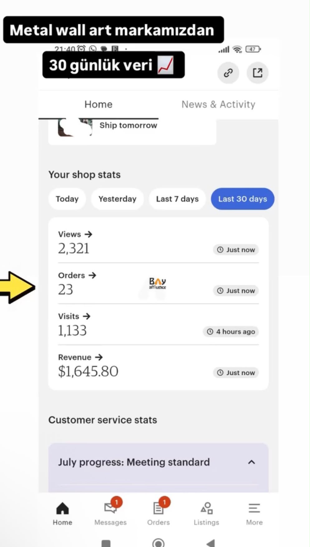Etsy müşteri memnuniyet mesajı