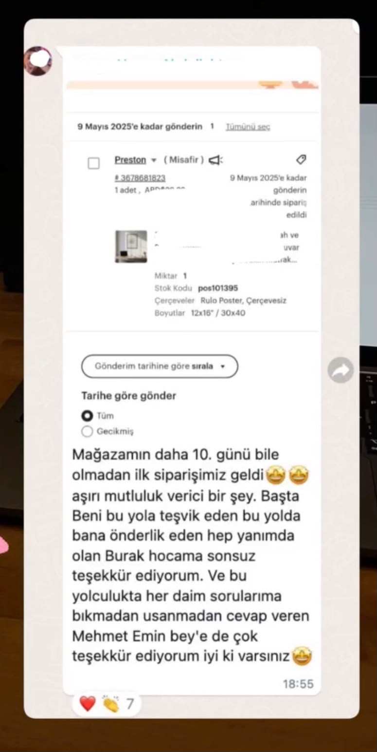 Mağazanın 10. gününde gelen ilk sipariş mesajı