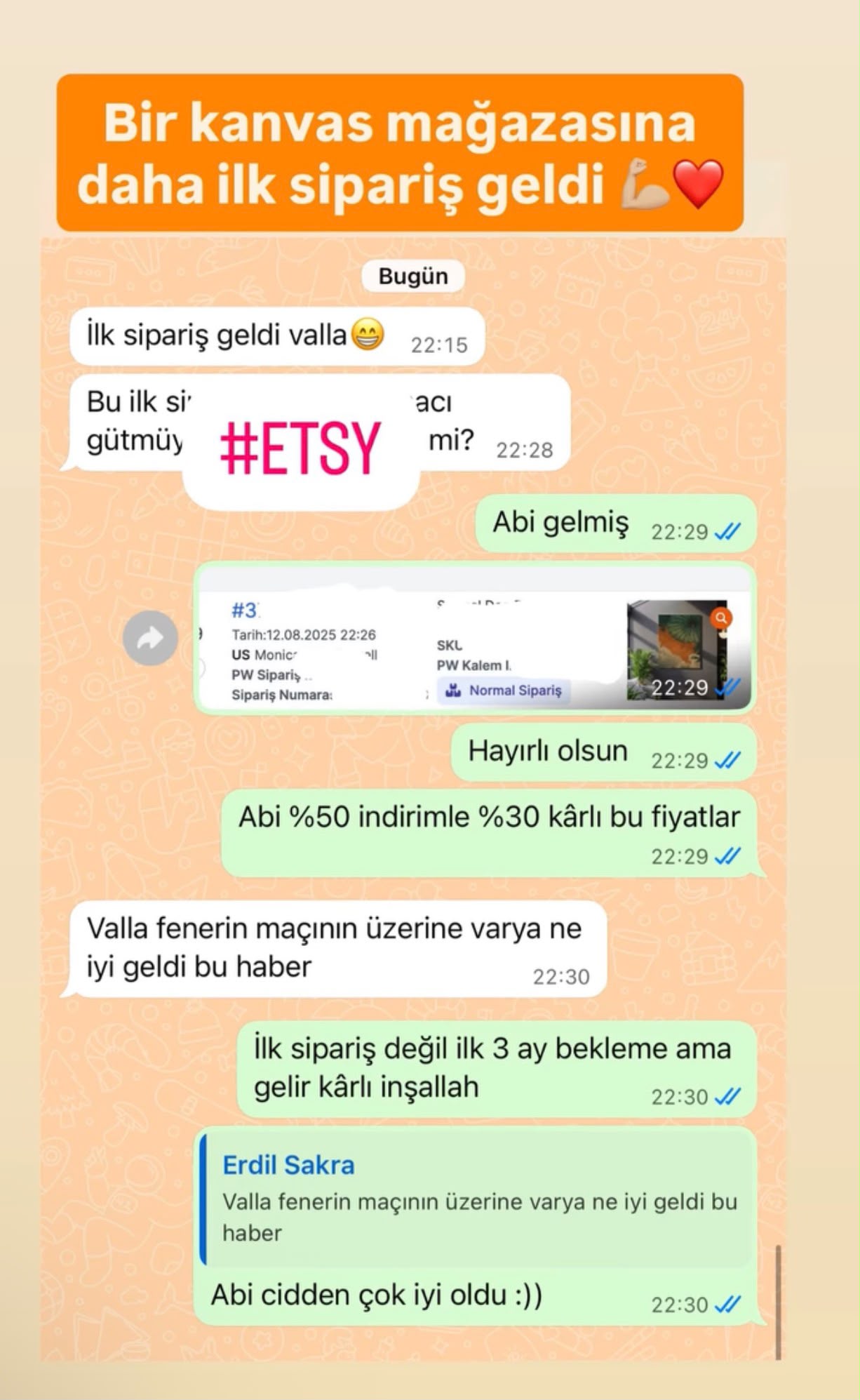 Etsy canvas mağazası ilk sipariş görüntüsü